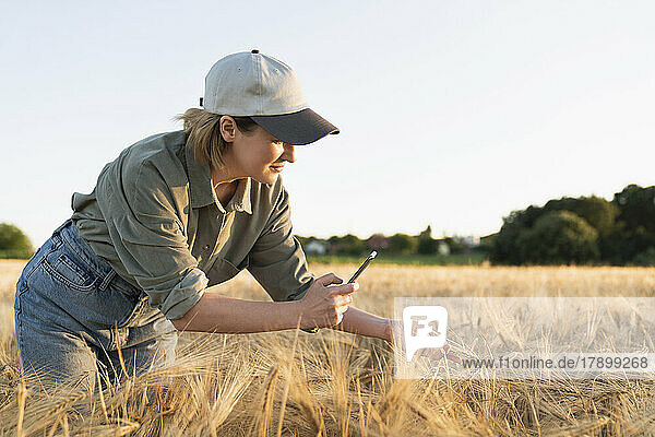Frau macht mit dem Handy ein Foto einer Gerstenähre im Feld