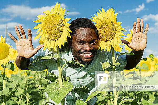 Verspielter junger Mann posiert mit Sonnenblumen