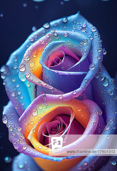 Köpfe aus blauen und rosa Rosen  bedeckt mit Regentropfen