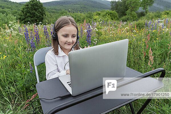 Lächelndes Mädchen beim Lernen per Videoanruf am Laptop auf der Wiese