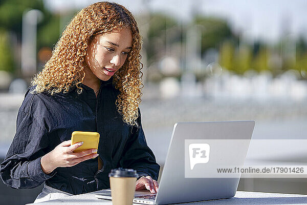 Young freelancer using laptop on sunny day