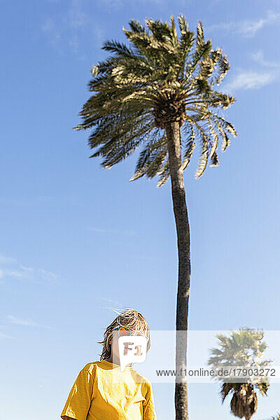 Boy wearing sunglasses standing in front of palm tree on sunny day