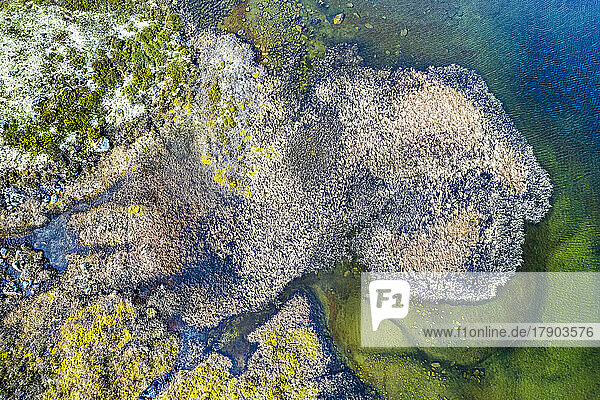Norway  Viken  Drone view of lakeshore in Hemsedalfjell range