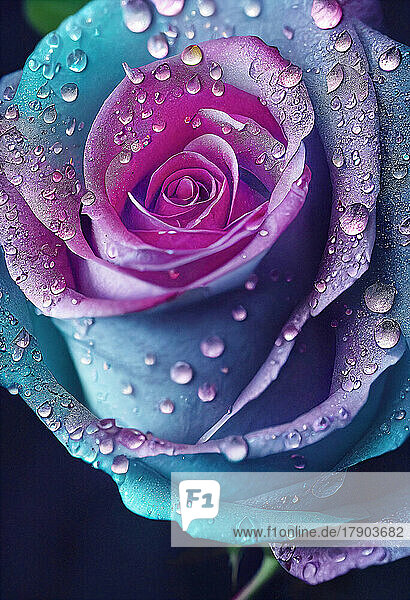 Kopf einer blauen und rosa Rose  bedeckt mit Regentropfen