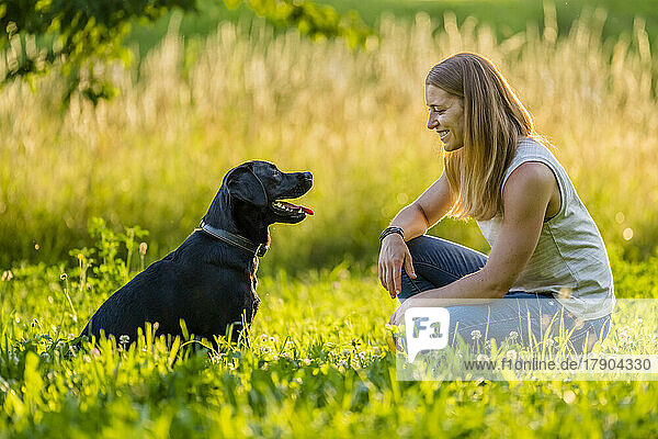 Happy woman with Black Labrador on meadow