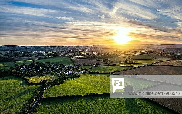 Sunset over Devon Fields from a drone  Berry Pomeroy  England  United Kingdom  Europe