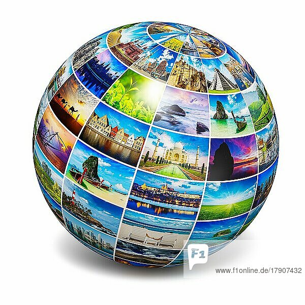 Globale Reise Medien Welt Globus Konzept  Bild Kugel mit Reisen Bilder vor weißem Hintergrund. Alle Fotos sind aus meinem Portfolio