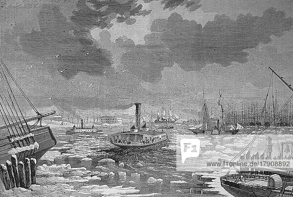 Packeis behindert den Schiffsverkehr im Hafen von New York im Jahre 1869  Amerika  Historisch  digital restaurierte Reproduktion einer Vorlage aus dem 19. Jahrhundert