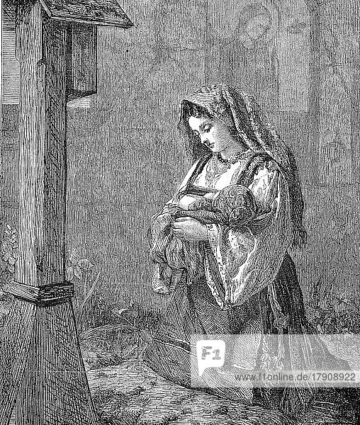 Das Gebet der jungen Mutter für ihr Baby vor einem Kreuz  1869  Frankreich  Historisch  digital restaurierte Reproduktion einer Originalvorlage aus dem 19. Jahrhundert  genaues Originaldatum nicht bekannt  Europa
