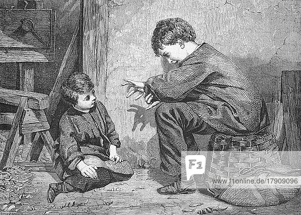 Junge unterhält seine kleine Schwester mit Schattenspiel mit seinen Fingern  1869  Deutschland  Historisch  digital restaurierte Reproduktion einer Originalvorlage aus dem 19. Jahrhundert  genaues Originaldatum nicht bekannt  Europa