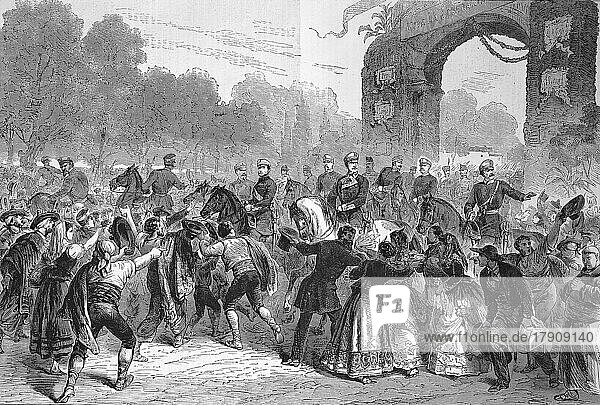 General Prim crossing the Prado being celebrated by the people of Madrid  1869  Prim himself was appointed Prime Minister by Serrano  Spain  Historic  digitally restored reproduction of a 19th century original  Europe