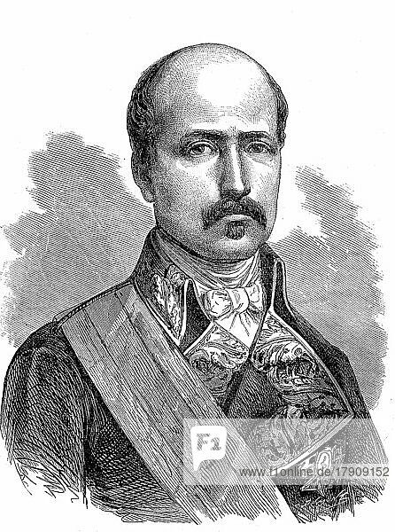Francisco Serrano y Domínguez (18 September 1810 - 26 November 1885 in Madrid) was a Spanish general and politician and Duke de la Torre from 1861. He was regent of Spain in 1869-70 and dictatorial president of the First Republic in 1874 after a coup d'état. Historical  digitally restored reproduction of an original 19th century master  exact original date unknown
