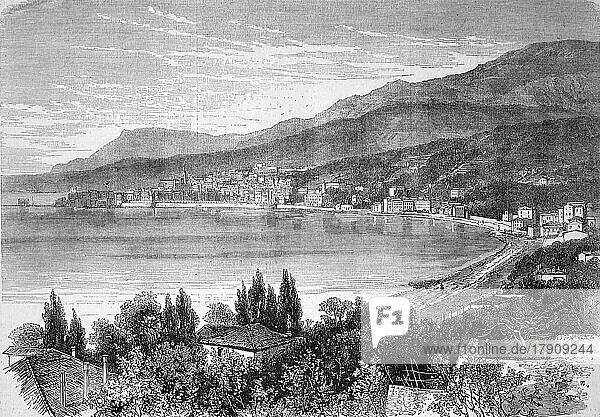 Die Stadt Menton am Mittelmeer  1869  Frankreich  Historisch  digital restaurierte Reproduktion einer Originalvorlage aus dem 19. Jahrhundert  genaues Originaldatum nicht bekannt  Europa