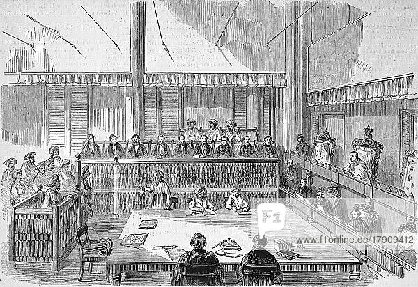 Eine Sitzung des Obersten Gerichtshofs in Madras  1869  Indien  Historisch  digital restaurierte Reproduktion einer Originalvorlage aus dem 19. Jahrhundert  genaues Originaldatum nicht bekannt  Asien