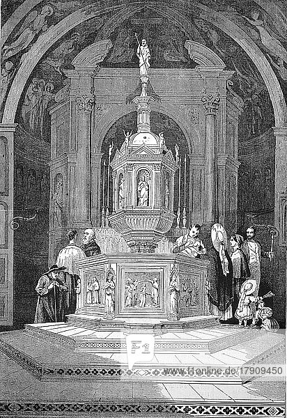 Baptism in the Baptistery of San Giovanni in Siena  1869  Tuscany  Italy  Historic  digitally restored reproduction of a 19th century original  exact original date unknown  Europe