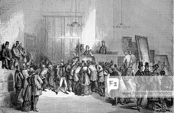 Ein Verkauf von Gemälden im Auktionshaus  1869  Paris  Frankreich  Historisch  digital restaurierte Reproduktion einer Originalvorlage aus dem 19. Jahrhundert  genaues Originaldatum nicht bekannt  Europa