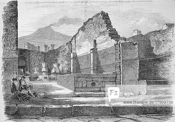 Ruinen von Pompeji  das Haus des Bäckers  1869  Italien  Historisch  digital restaurierte Reproduktion einer Originalvorlage aus dem 19. Jahrhundert  genaues Originaldatum nicht bekannt  Europa