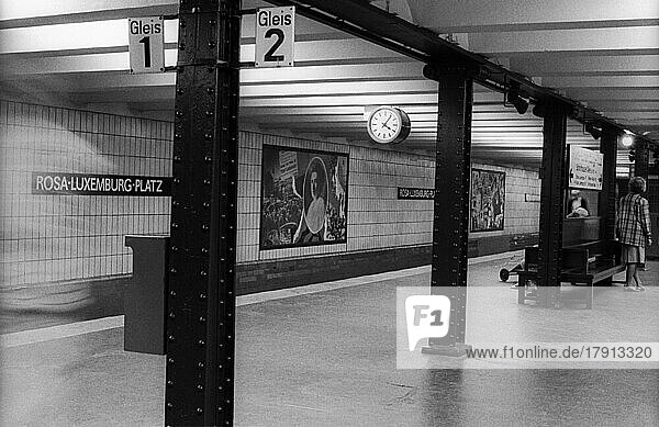 GDR  Berlin  09. 07. 1989  Rosa-Luxemburg-Platz underground station  panels (collages) designed by the artist Robert Rehfeld on the theme of the workers' movement