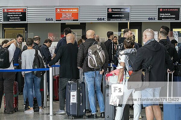 Frankfurt Airport  Fraport  Passengers waiting at Turkish Airlines check-in counters  Terminal 1  Frankfurt am Main  Hesse  Germany  Europe