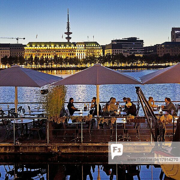People on the restaurant ship Bootshaus Alster on the Inner Alster Lake in the evening  Hamburg  Germany  Europe
