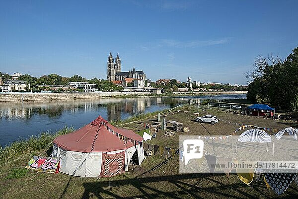 Dismantling of a festival  behind it the Elbe and Magdeburg Cathedral  Magdeburg  Saxony-Anhalt  Germany  Europe