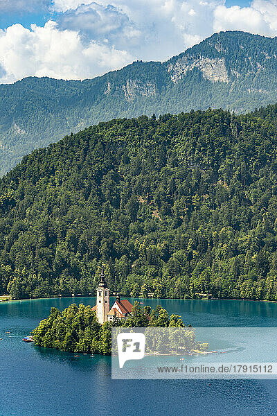 The Church of the Assumption of Mary on its own island  Lake Bled  Slovenia  Europe