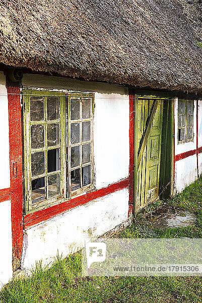 Detail eines traditionellen alten dänischen Bauernhauses mit Reetdach in der Landschaft von Seeland  Seeland  Dänemark  Skandinavien  Europa