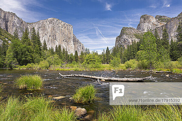 El Capitan und das Yosemite-Tal vom Merced River aus gesehen  Yosmeite-Nationalpark  UNESCO-Welterbe  Kalifornien  Vereinigte Staaten von Amerika  Nordamerika