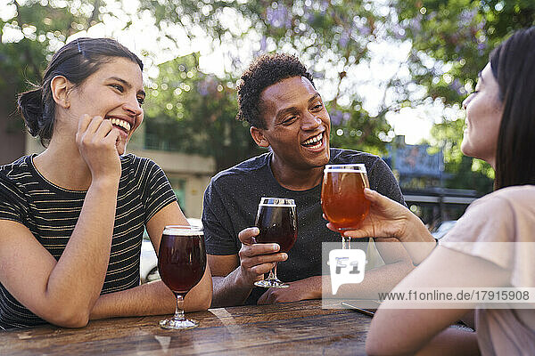 Eine bunt gemischte Gruppe fröhlicher Freunde  die bei der Happy Hour Craft Beer trinken