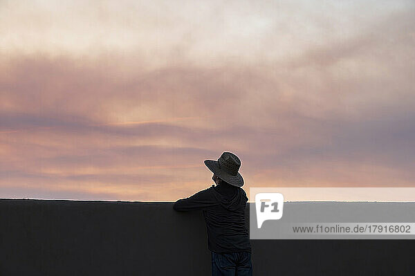 Rear view of man looking at wildfire smoke at sunset