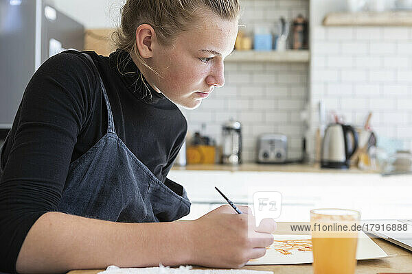 Teenage girl (16-17) working on watercolor picture in kitchen