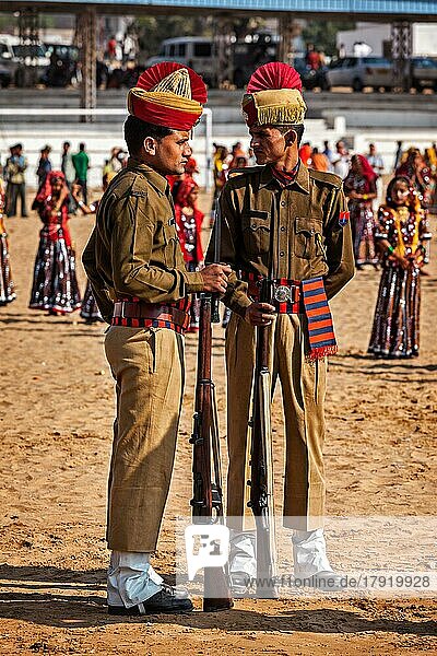 PUSHKAR  INDIA  NOVEMBER 21  2012: Indian policemen in full dress at Pushkar Mela (Camel Fair) in Pushar. Pushkar  Rajasthan  India  Asia