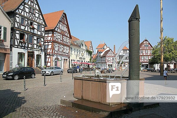 Marktplatz mit Fachwerkhäuser und Brunnen  Seligenstadt  Main  Hessen  Deutschland  Europa