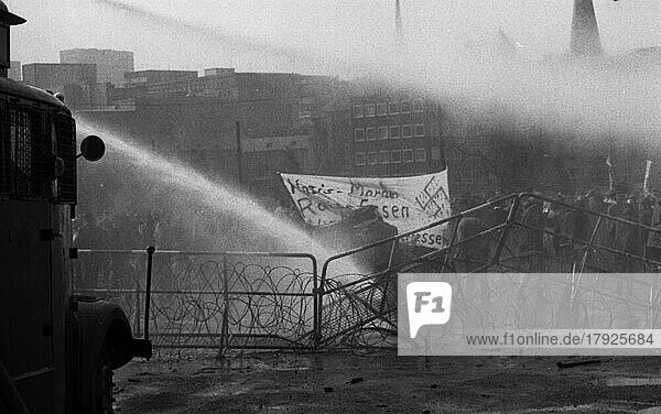 During the election campaign of the right-wing National Democratic Party of Germany (NPD)  here in Essen in 1969  youth  students and pupils demonstrated against the NPD with ironic Hitler salutes. Against this  the police used massive use of water cannons  Germany  Europe
