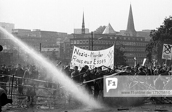 During the election campaign of the right-wing National Democratic Party of Germany (NPD)  here in Essen in 1969  youth  students and pupils demonstrated against the NPD with ironic Hitler salutes. Against this  the police used massive use of water cannons  Germany  Europe