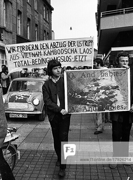 The US Army's waging of war in Vietnam  Cambodia and Laos met with increasing opposition from the German public in the 1960s  especially from the youth and student movements. Bonn 1968  DEU  Germany  Bonn  Dortmund  Europe