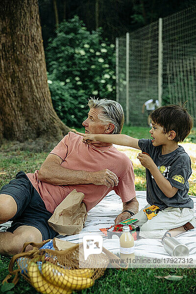 Junge  der mit seinem Großvater beim Picknick im Park sitzt und auf etwas zeigt