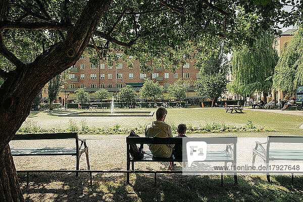 Rear view of man and grandson sitting on bench at park
