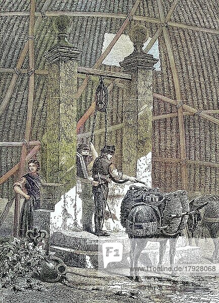 Der Brunnen an der Alhambra in Grenada  Trinkwasser wird in Krüge verladen  die von Esel transportiert werden  1869  Spanien  Historisch  digital restaurierte Reproduktion einer Originalvorlage aus dem 19. Jahrhundert  genaues Originaldatum nicht bekannt  Europa