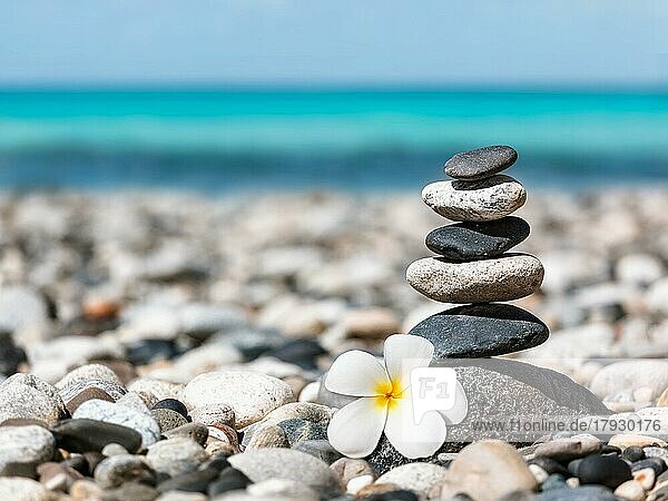 Zen-Meditation Spa Entspannung Hintergrund  ausgewogene Steine stapeln mit Frangipani Plumeria Blume Nahaufnahme auf Meer Strand