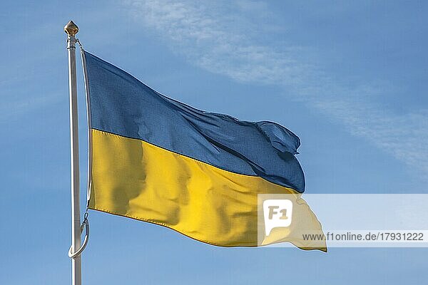 Die ukrainische Flagge weht im Wind im Hafen von Ystad  Schonen  Schweden  Skandinavien  Europa
