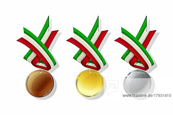 Italienische Medaillen in Gold  Silber und Bronze mit Nationalflagge. Isolierte Vektorobjekte auf weißem Hintergrund