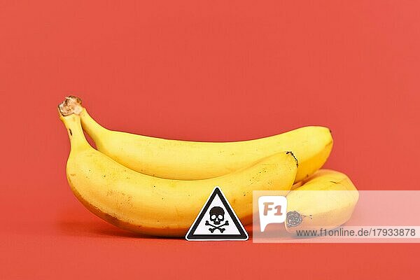 Konzept für ungesunde oder giftige Stoffe in Lebensmitteln wie Pestizidrückstände mit Totenkopf Warnschild vor Bananenfrüchten auf rotem Hintergrund
