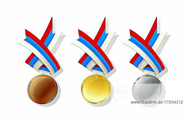 Russland Medaillen in Gold  Silber und Bronze mit nationaler Flagge. Isolierte Vektorobjekte auf weißem Hintergrund