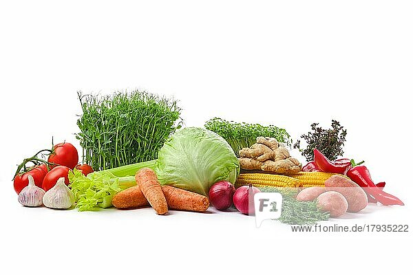 Vielfalt an frischem  saftigem Gemüse auf weißem Hintergrund. Welternährungstag Konzept