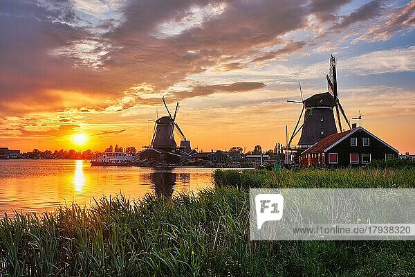 Niederlande ländliche Szene  - Windmühlen bei berühmten touristischen Ort Zaanse Schans in Holland auf Sonnenuntergang mit dramatischen Himmel. Zaandam  Niederlande  Europa