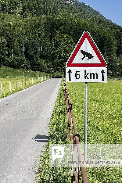 Verkehrsschild Achtung Krötenwanderung auf 6 km Länge  Schweiz  Europa