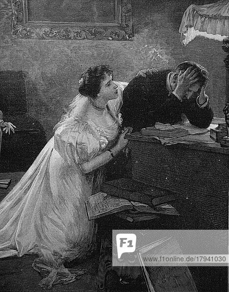 Frau tröstet Ihren Mann nach dessen Bankrott  1880  England  Historisch  digital restaurierte Reproduktion einer Originalvorlage aus dem 19. Jahrhundert