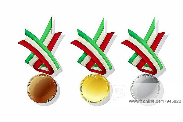 Ungarische Medaillen in Gold  Silber und Bronze mit Nationalflagge. Isolierte Vektorobjekte auf weißem Hintergrund