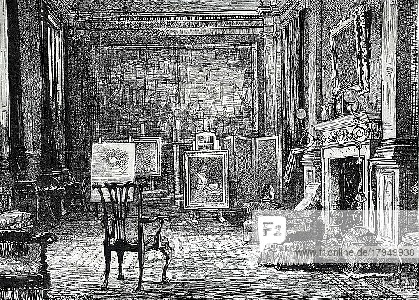 Künstleratelier  Mr. J. E. Millais zu Hause. Sir John Everett Millais  1. Baronet  1829  1896  war ein englischer Maler und Illustrator  der zu den Gründern der präraffaelitischen Bruderschaft gehörte  1881  digital restaurierte Reproduktion einer Vorlage aus dem 19. Jahrhundert  genaues Datum nicht